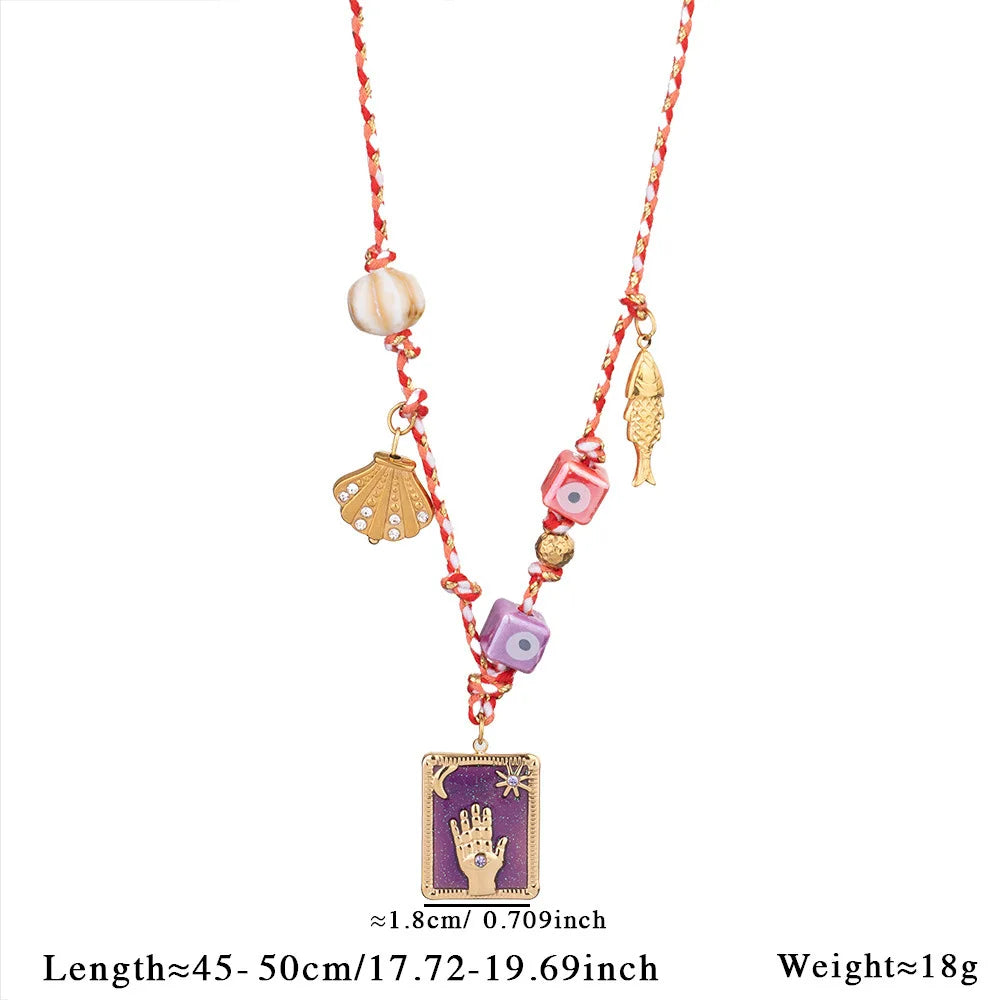 Collier pendentif carte de tarot en émail multicolore effet dégoulinant, texture coquillage, corde colorée, palmier, bijoux d'été et de plage