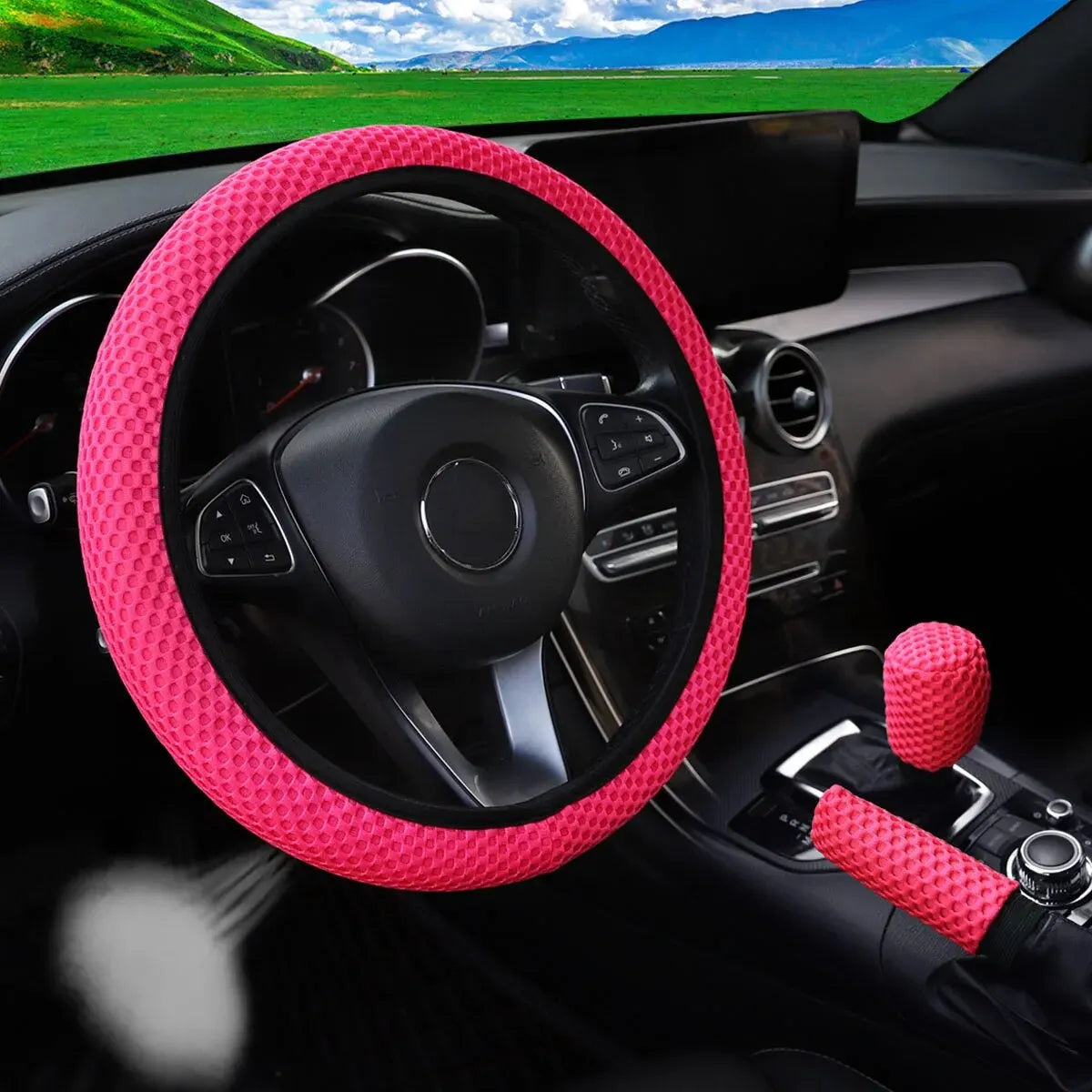 3-piece Massage Mesh Cloth Breathable Car without Inner Ring Steering Wheel Cover Handbrake Cover Handle Cover 14.5-15INCH - Madeinsea©