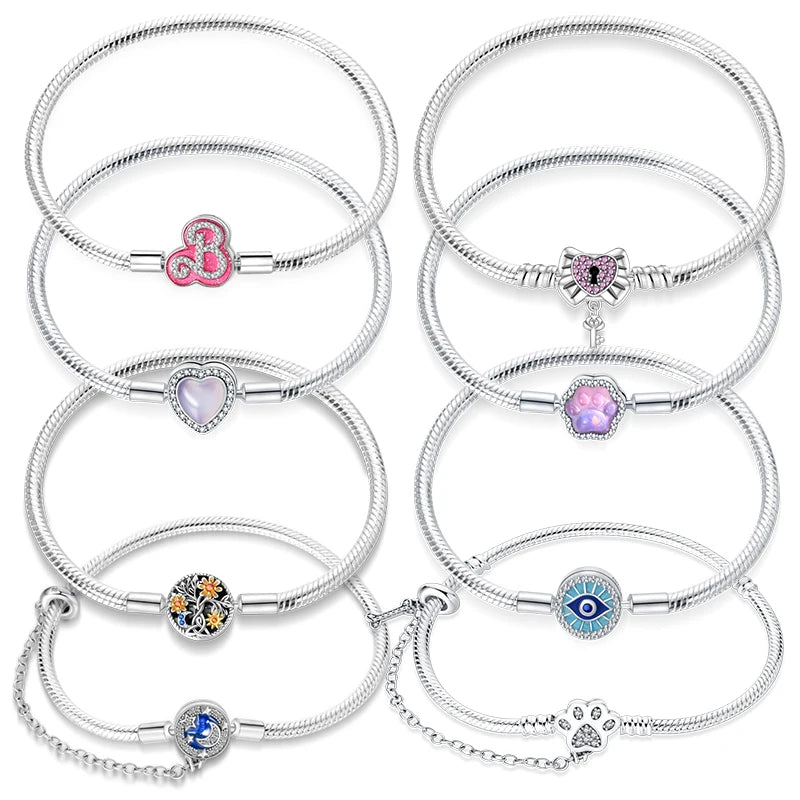 New Bracelets 925 Silver Original Pink Princess Glow Cat Claws Heart Shaped Bracelets Fit DIY Charms Beads Birthday Jewelry Gift