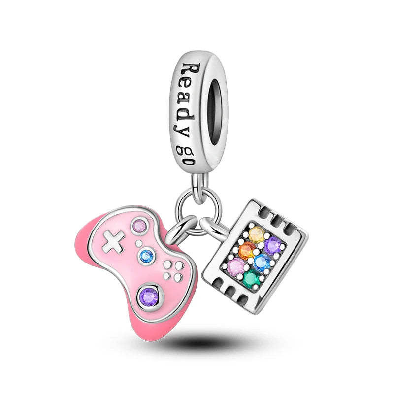 925 Silver Charms Beads Fit 3mm Original Bracelet Game Machine Box Afternoon Tea Dessert Romantic Pink Pendant DIY Jewelry