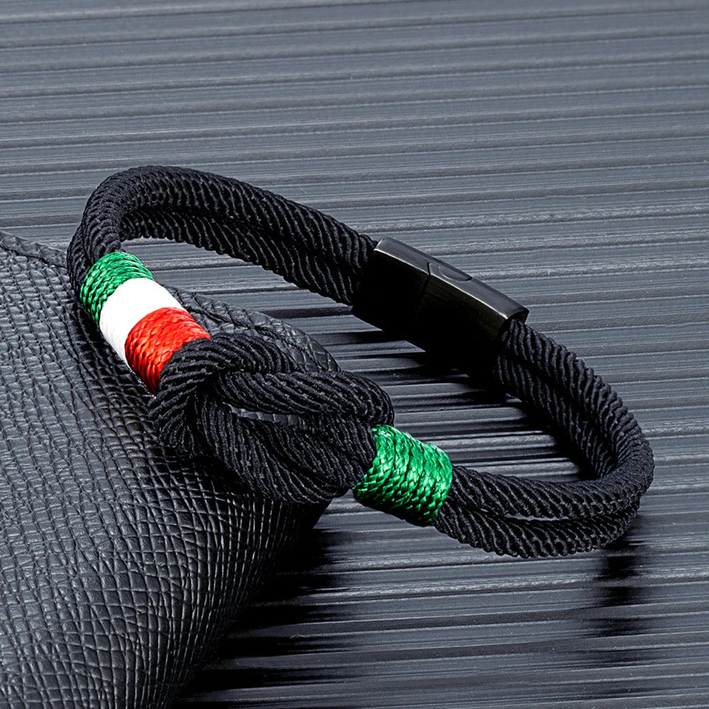 MKENDN Italy Mexico Flag Bracelet for Men Women Handmade Woven Rope with Black Stainless Steel Buckle Couple Jewelry Gifts