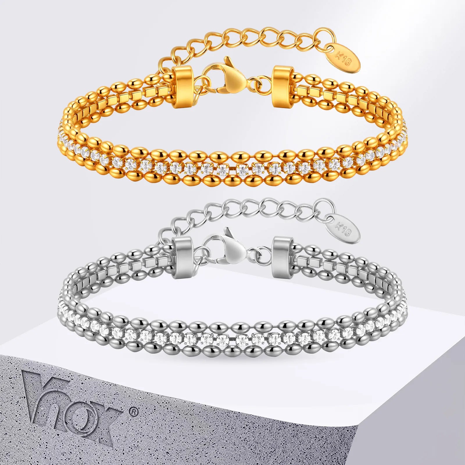 Vnox Women Gold Silver Color Woven Cubic Zirconia Bracelet,Stainless Steel Double Beads Chain Jewelry Accessories Charm Bracelet