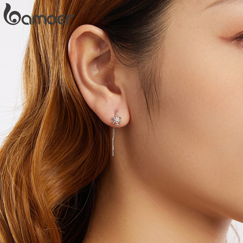 BAMOER 925 Sterling Silber Schneeflocke Tropfen Baumeln Ohrringe für Frauen Teenager Elegante Lange Baumeln Ohrringe Einfädler Quaste