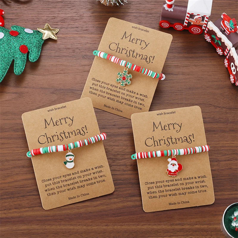 Christmas Bracelet For Women Santa Claus Christmas Tree Snowman Pendant Polymer Clay Bracelets Party Friendship Wish Card Gifts