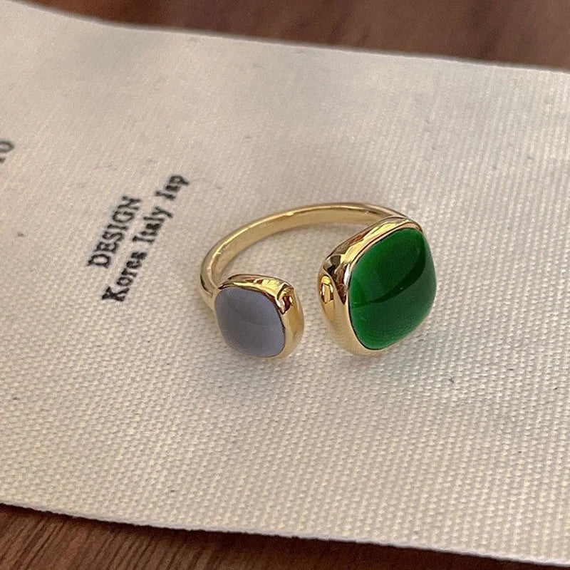 Koreanische Emaille-Ringe für Damen, offen, blau-grün, mit Öltropfenmuster, verstellbar, geometrisch, exquisites Schmuckstück