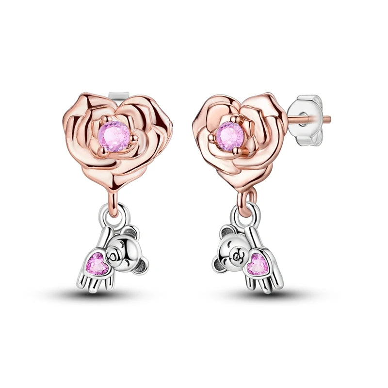 Spring Series Earrings For Women 925 Silver Butterfly Elf Dragonfly Flower Rose Ear Studs Earrings Fine Valentine's Day Jewelry