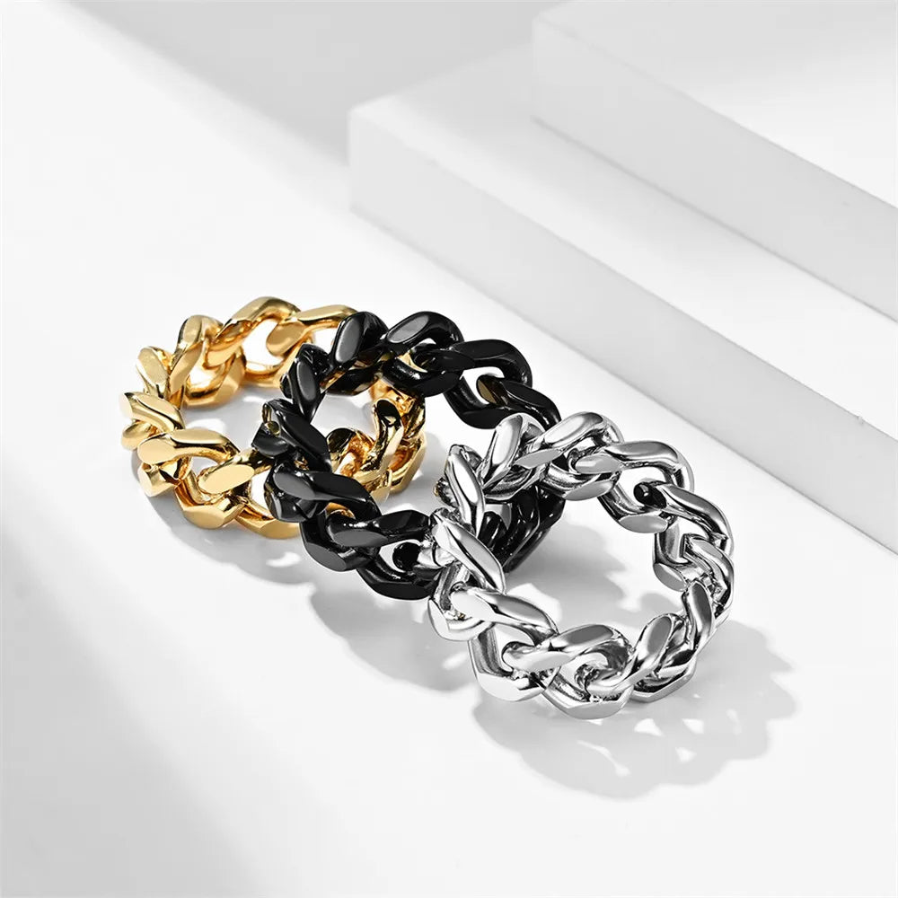 MKENDN Cuban Link Chain Ring for Men Stainless Steel Creative Punk Rock Male Link Rings Trendy Motorcycle Chain Jewlery