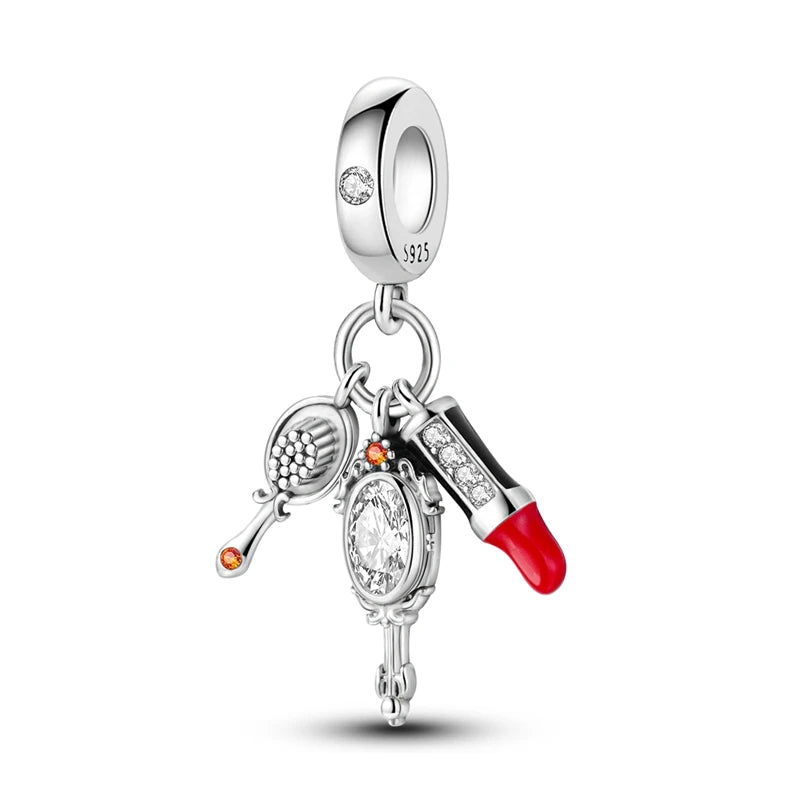 925 Silver Girl Lady Lipstick Makeup Charm Dangle Pendant Beads Fit Original Bangle Cosmetic Charms Bracelet DIY Making Jewelry
