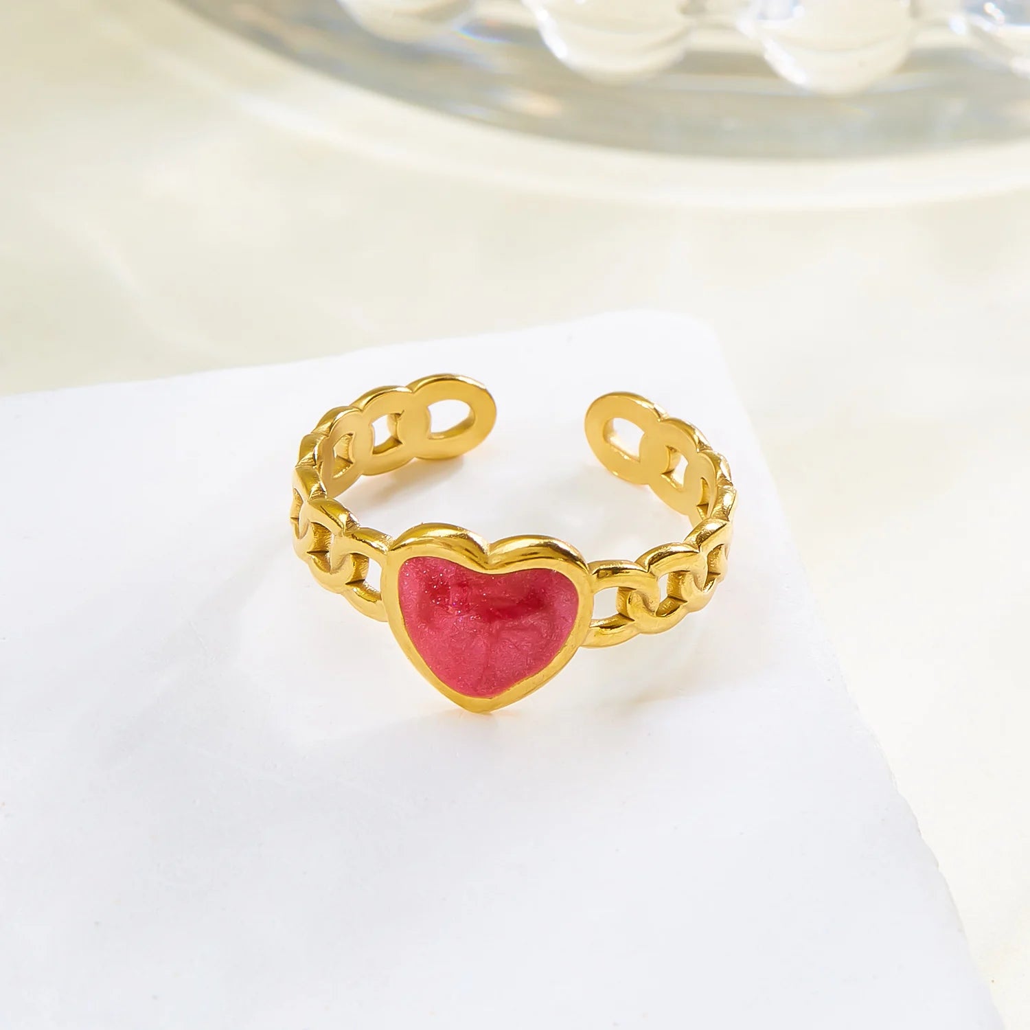 Bohemian Gold Color Enamel Open Rings For Women Stainless Steel Love Heart Shape Adjustable Finger Ring Luxury Charm Jewelry