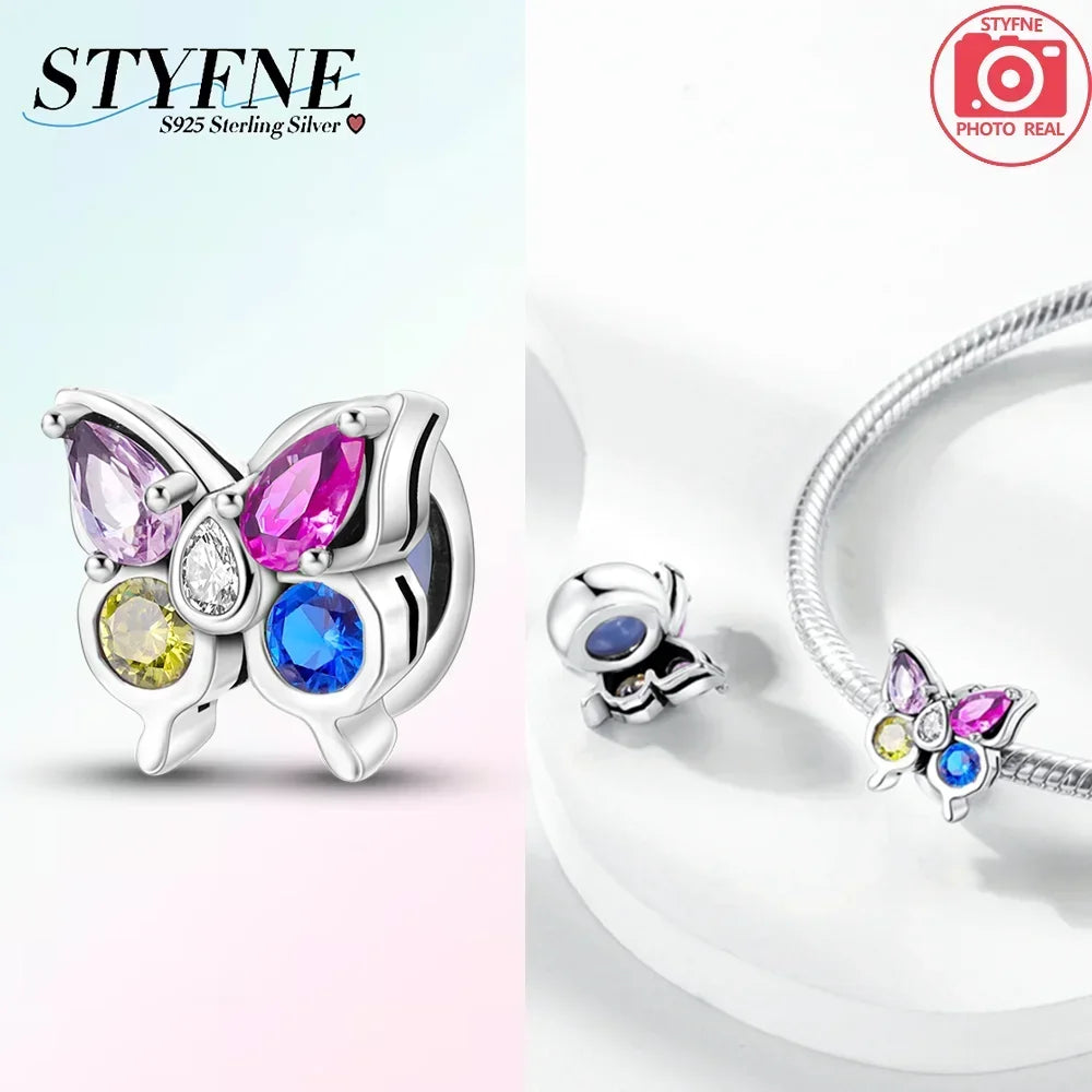 Charms 925 Silver Butterfly Series Zircon Colorful Butterfly Beaded Pendant Fit Original Bracelet DIY Jewelry Making for Women