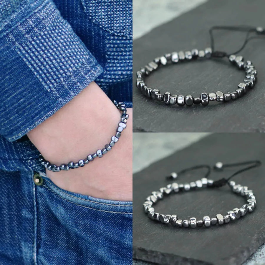 Handmade Irregular Hematite Stone Energy Men Bracelet Black Silver Color Outdoor Camping Cool Riding Accessories Hombre Pulseria