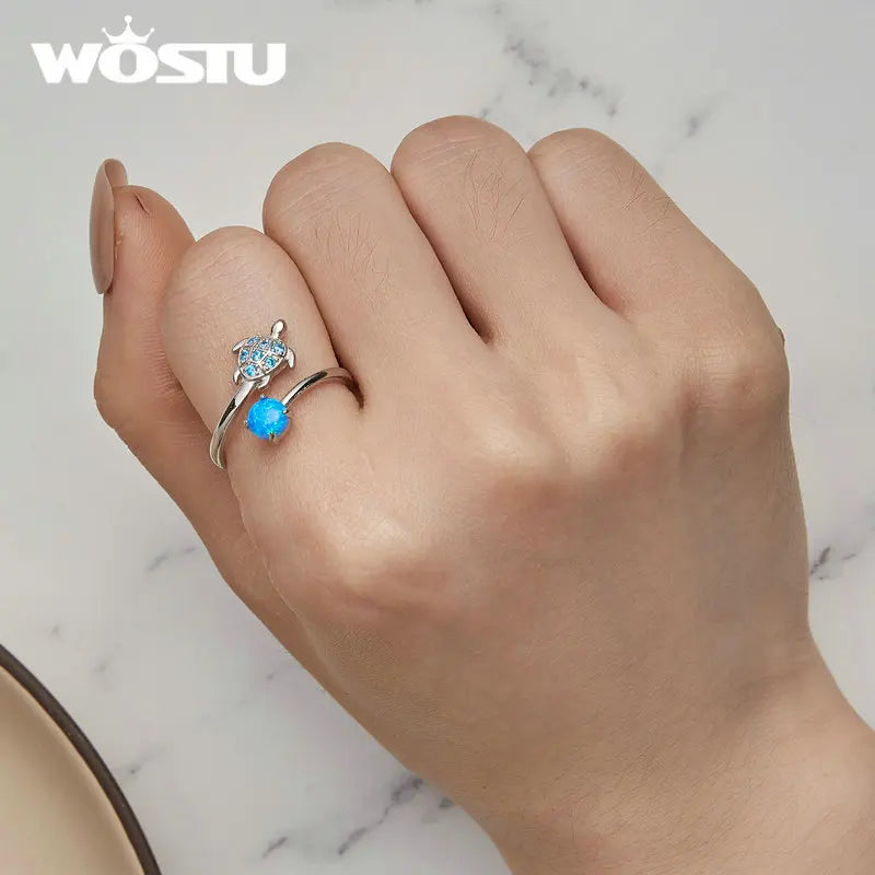 WOSTU 925 Sterling Silver 3D Tulip Open Ring Light Blue Sea Turtle Finger Ring Ocean Opal for Women Dreamy Party Jewelry Gift