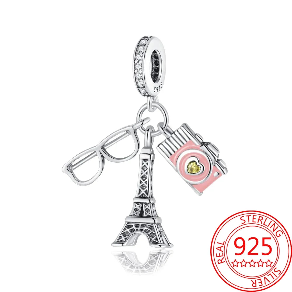 Creative 925 Sterling Silver Eiffel Tower Gold Heart Double Charm Fit DlY Bracelet Necklaces Women's Dating Jewelry Accessories