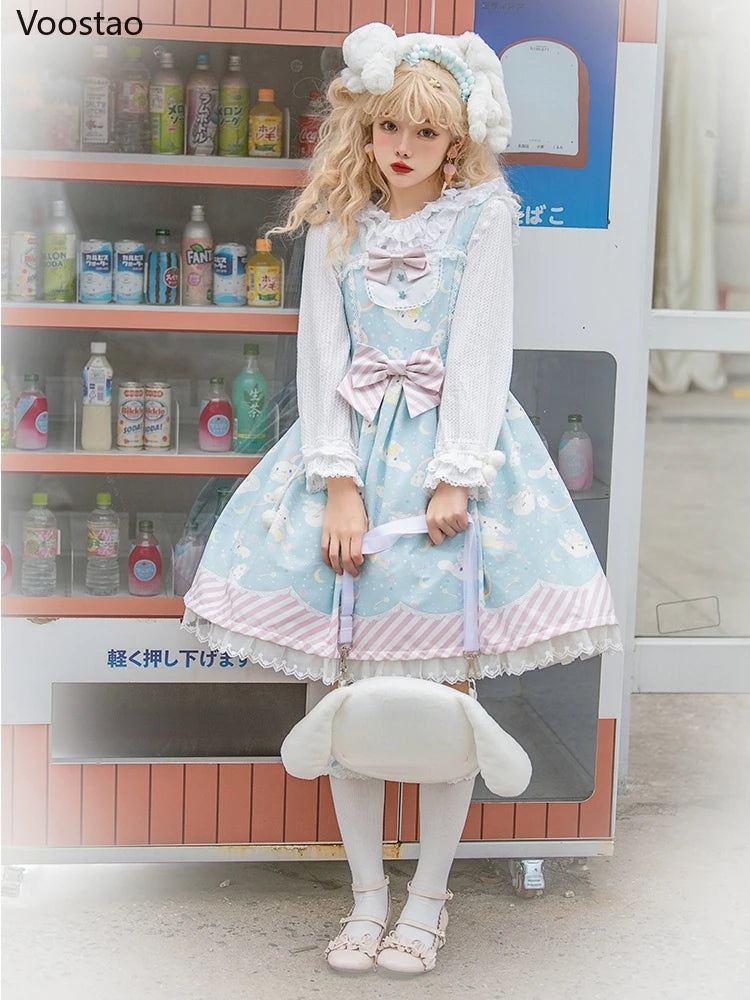 Sweet Lolita Style Cartoon Print Princess Dress Women Cute Bow Lace Party Strap Dresses Girly Harajuku Kawaii Y2k Mini Vestidos - Madeinsea©