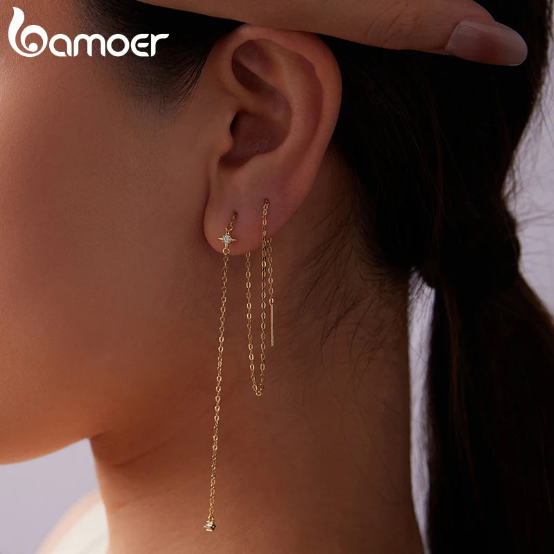 Bamoer Moissanite Long Chain Drop Dangle Earrings, 925 Sterling Silver Star Tassel Threader Double Piercings Convertible Earring