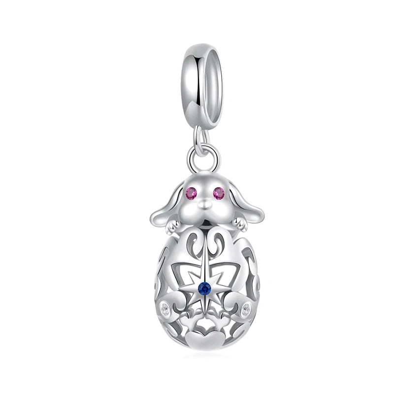 WOSTU 925 Silver Easter Rabbit with Egg Charm Heart Rabbits Pendant Moonstone Safety Chain Fit Bracelet Girl Daughter DIY Gifts