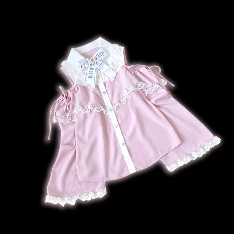 Japanese Gothic Lolita Shirts Women Vintage Kawaii Lace Ruffles Off Shoulder Long Sleeve Blouses Y2k Aesthetic Sweet Tops Blusas