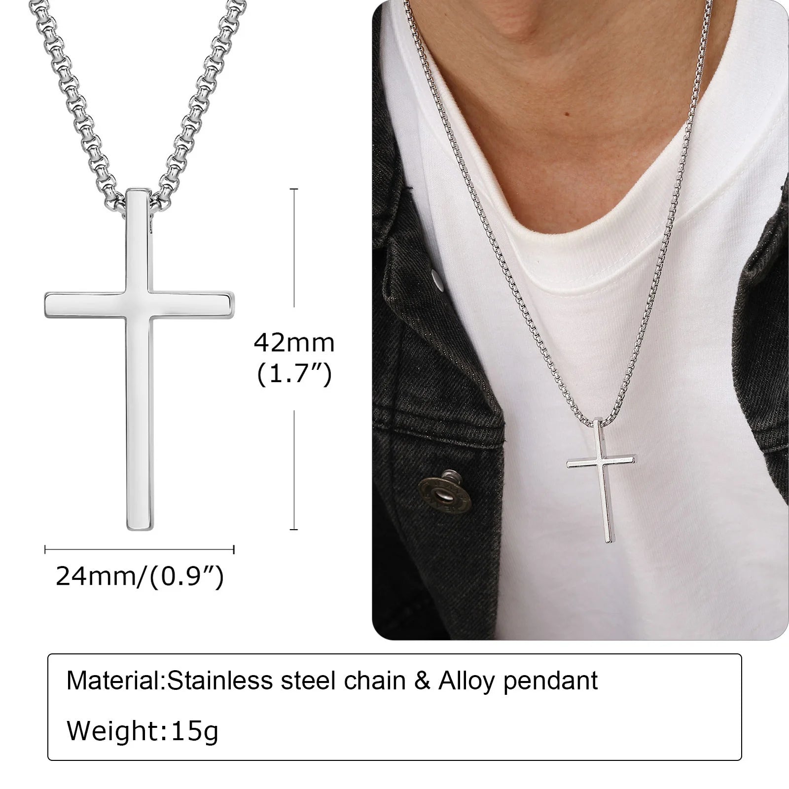 Vnox Cross Necklace for Men Women, Silver Color Plain Cross Pendant Collar with Stainless Steel Box Chain - Madeinsea©