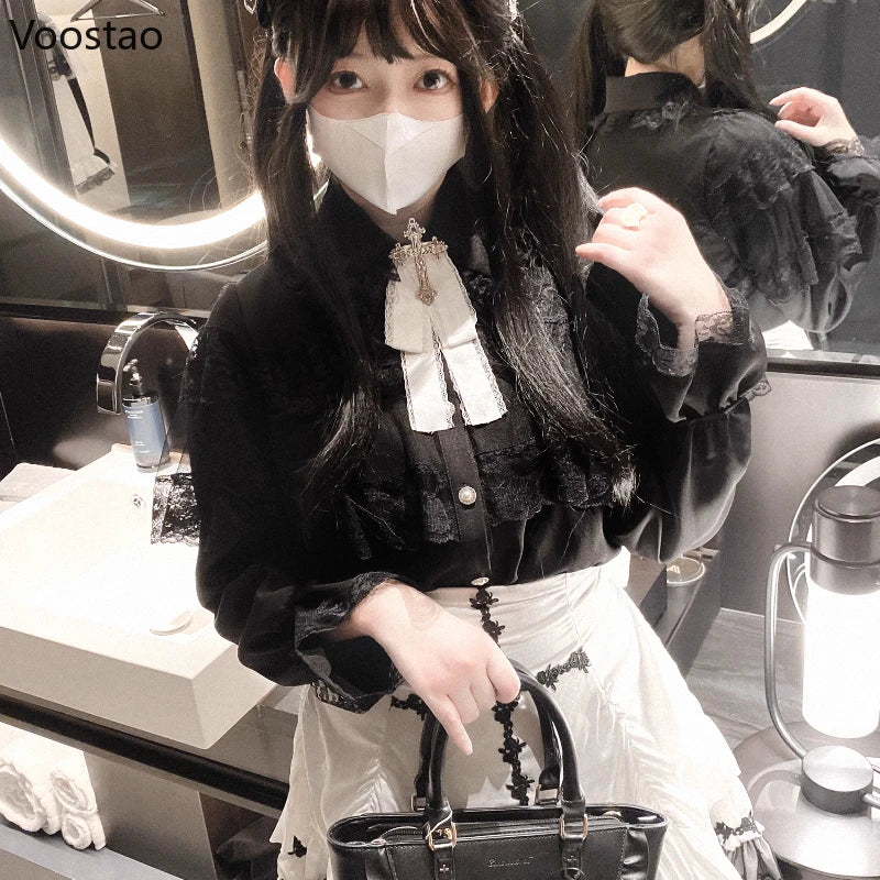 Gothic Y2k Lolita Style Shirts Women Kawaii Lace Ruffles Long Sleeves Blouse Female Japanese Victorian Vintage Clothes Cute Tops