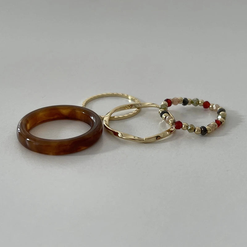 4Pcs Colorful Beads Resin Metal Irregular Lines Rings for Women Retro Geometric Acrylic Bead Knuckle Joint Ring Set Jewelry Gift