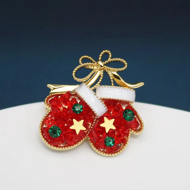 Luxury Exquisite Rhinestone Christmas Brooches for Women Unisex Christmas Tree Hat Bell Gloves Brooch Pins New Year Party Gifts
