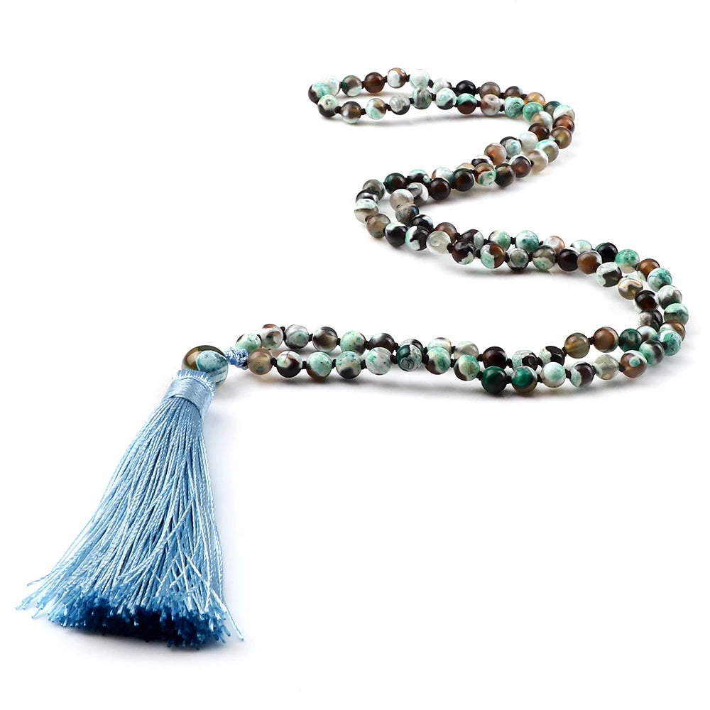 108 Beads Prayer Necklace Natural Green Stripe Onyx Stone Buddhist Buddha Meditation Bead Mala Necklace Women Men Jewelry Gifts