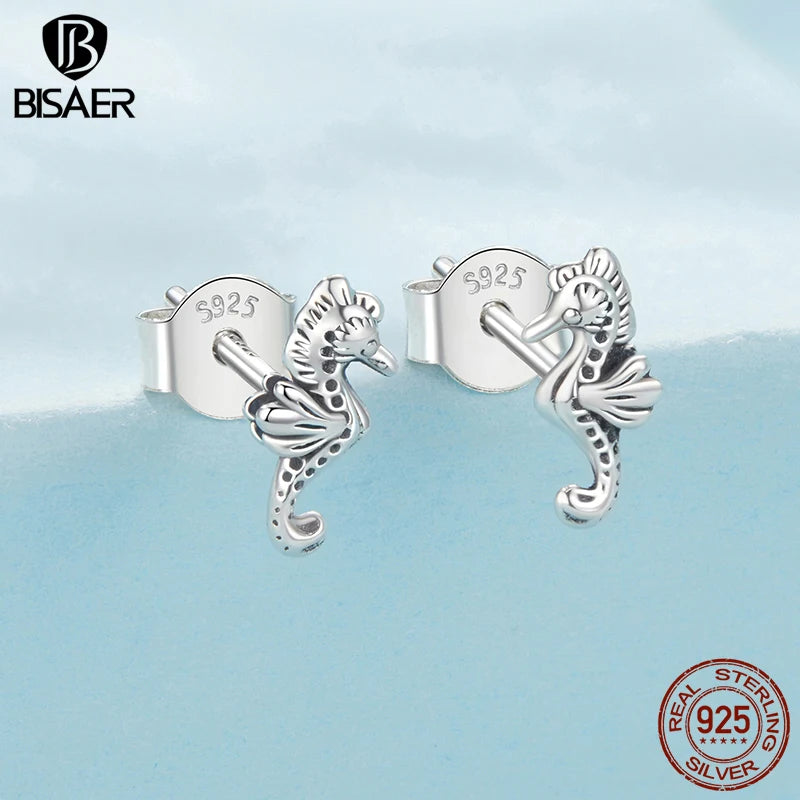 BISAER 925 Sterling Silver Mini Seahorse Stud Earrings Marine Animals Stud Ear for Women & Girls Party Fine Jewelry Holiday Gift