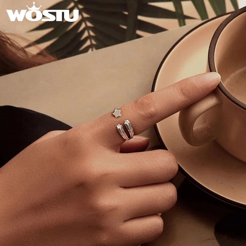 WOSTU 925 Sterling Silver Metal Three Heart Star Open Ring For Women Wedding Party Simple Ins Style Stackable Rings Girl Gift