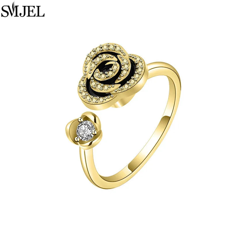 Korean Fashion Anxiety Fidget Spinner Rings for Women Crystal Rose Sunflower Butterfly Rotating Mood Ring Girls Wedding Jewelry