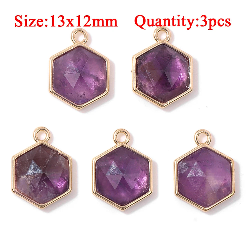 Wholesale Natural Amethyst Pendant Connector Reiki Hexagon Sun Bag Sun Stone Charm For Handmade Women Necklace Bracelet Jewelry
