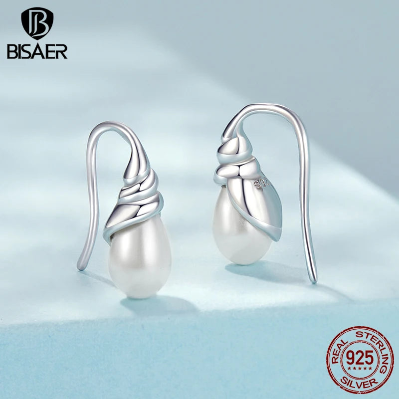 Boucles d'oreilles à tige en coquillage de conque en argent sterling 925 BISAER Boucles d'oreilles en perles de coquillage plaquées or blanc pour femmes Bijoux fins de fête Cadeau