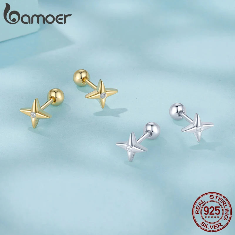 BAMOER 100% 925 Sterling Silver Star Stud Earrings, Handmade 6mm Dainty CZ Gold Plated Earrings for Women Jewelry Gift SCE1117