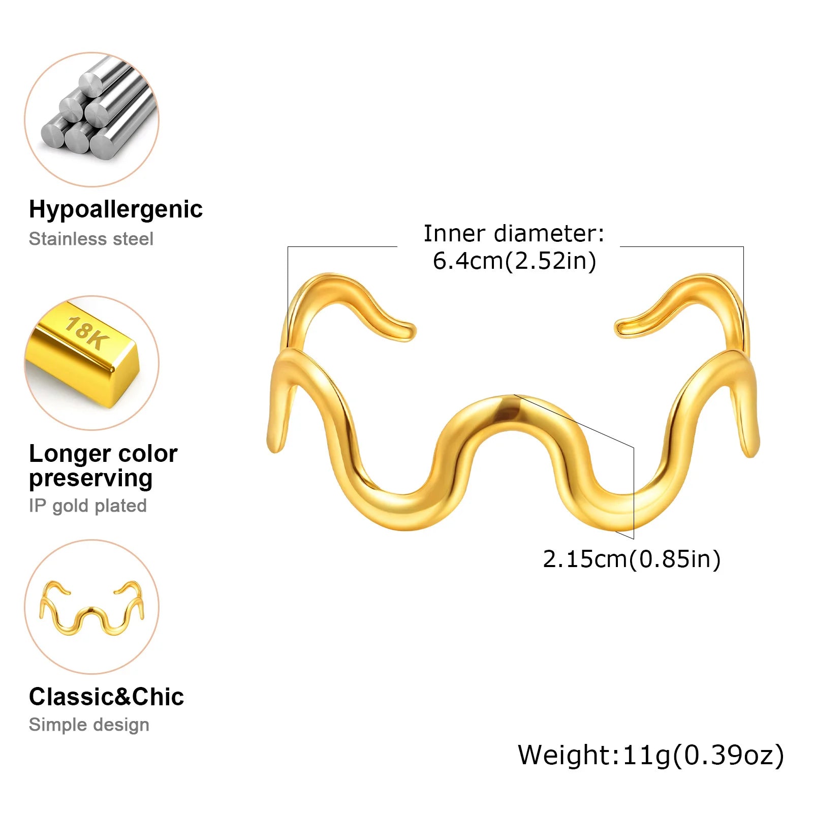 Bracelets Vnox en acier inoxydable à ouverture vague, joncs simples à lignes irrégulières plaqués or pour femmes, bijoux à charme géométrique, cadeaux