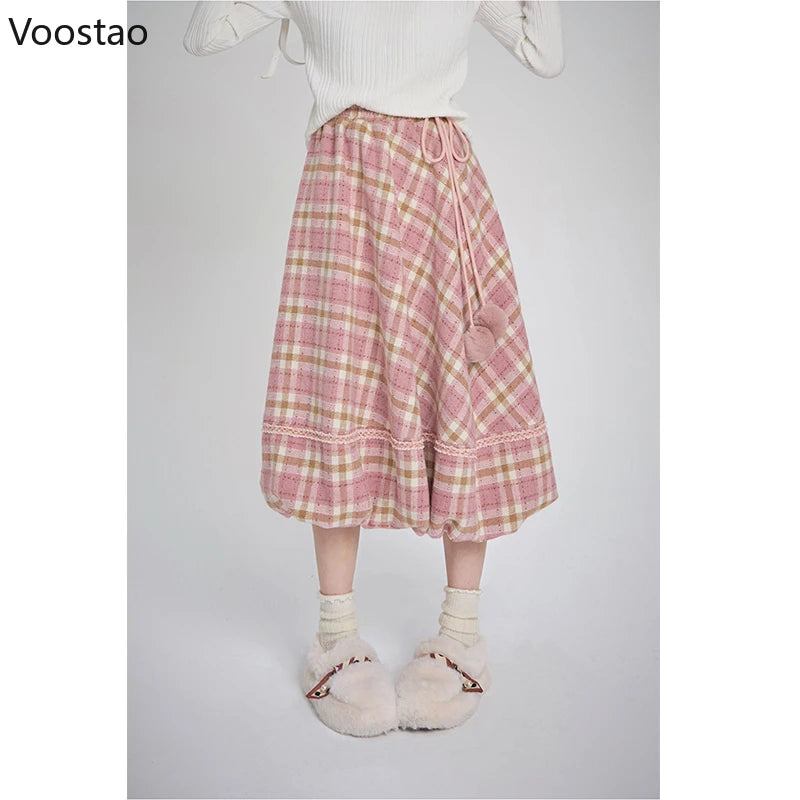 Pink Plaid Vintage Skirt Autumn Winter Women Preppy Style Chic Plush Ball Elegant Midi Skirt Korean Female Y2k A-Line Skirts