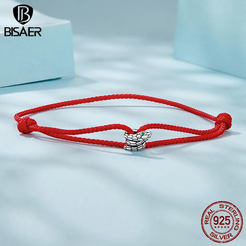 BISAER 925 Sterling Silver Red Viper Bracelet Snake Cotton Rope Adjustable Chain for Women Charms Beads DIY Fine Jewelry Gift
