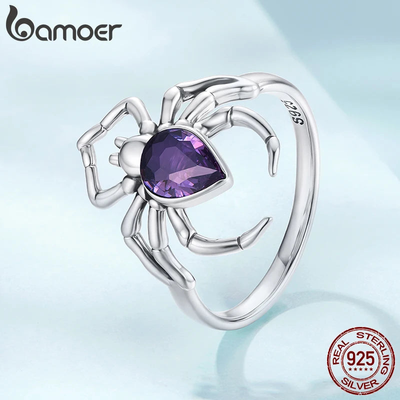 BAMOER 925 Sterling Silver Dark Spider Ring with Purple Heart Zircons Punk Band Ring for Women Teens Lucky Birthday Jewelry Gift