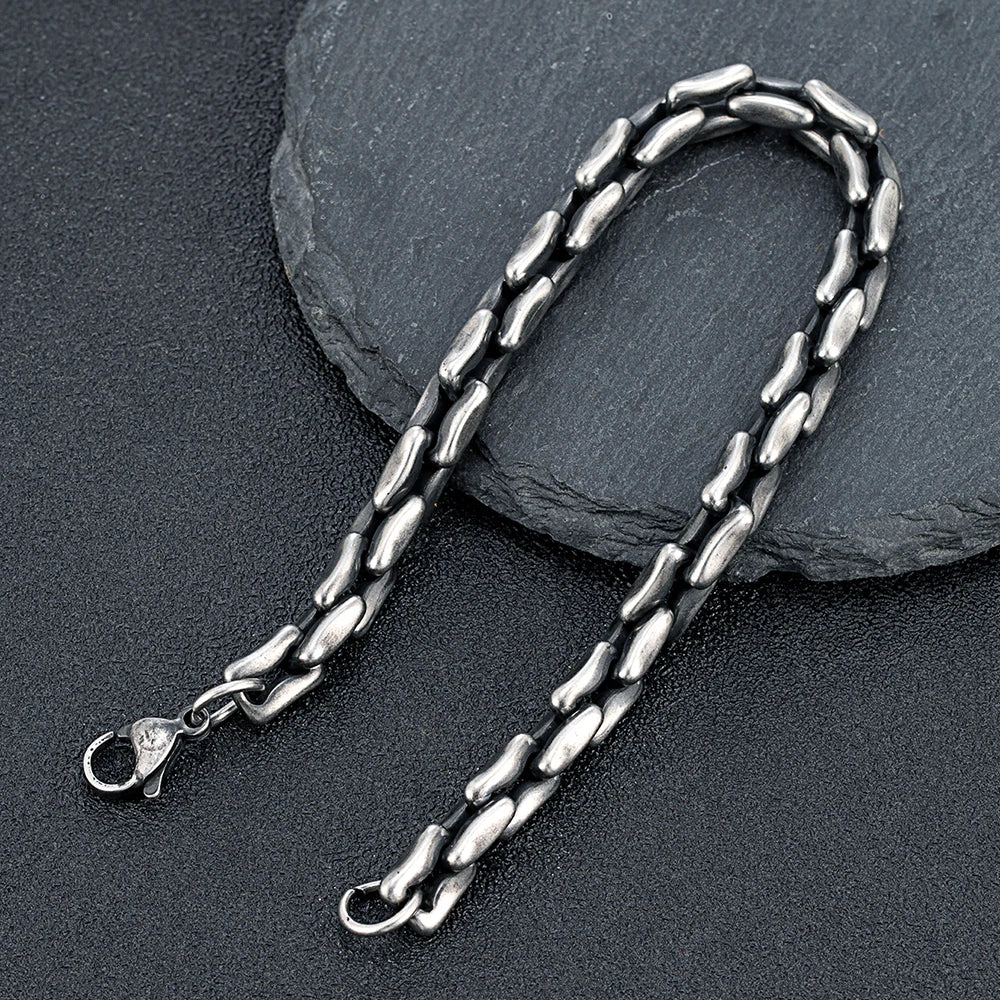 MKENDN Mens Retro Grey Rectangle Chain Bracelets 7mm Stainless Steel Wristband Punk Rock Jewelry Gift for Him Boy