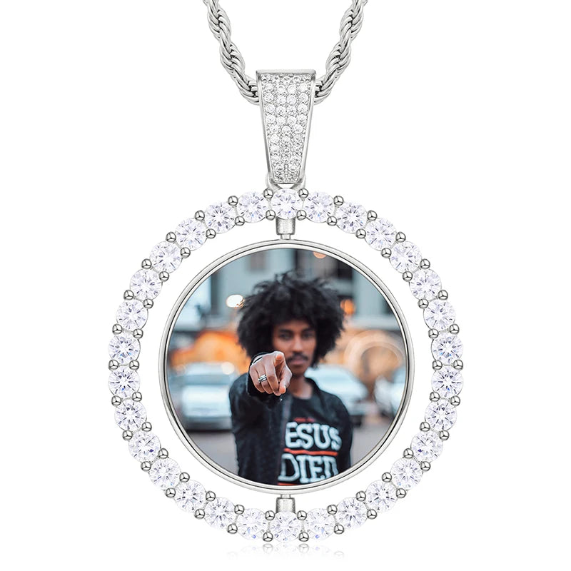 Collier pendentif cœur double face personnalisé pour homme, style hip-hop, pendentif en zircone serti de diamants, médaillon souvenir photo personnalisé