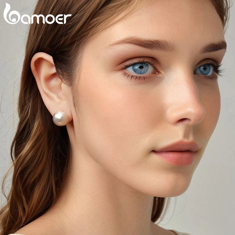 BAMOER White Gold Plated Post Glossy 3D Ball Hoop Earrings, High Polished Trendy Fashion Jewelry for Women 925 Sterling Silver
