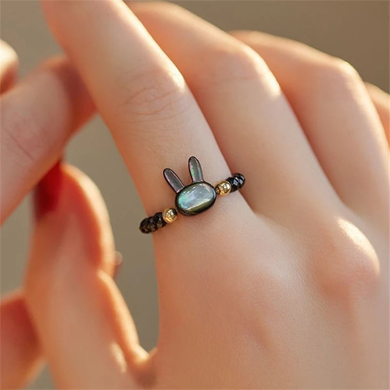 Simple Design Cute Rabbit Beaded Ring for Women Black And White Beads Animal Finger Ring Party Aesthetics Jewelry Accessories