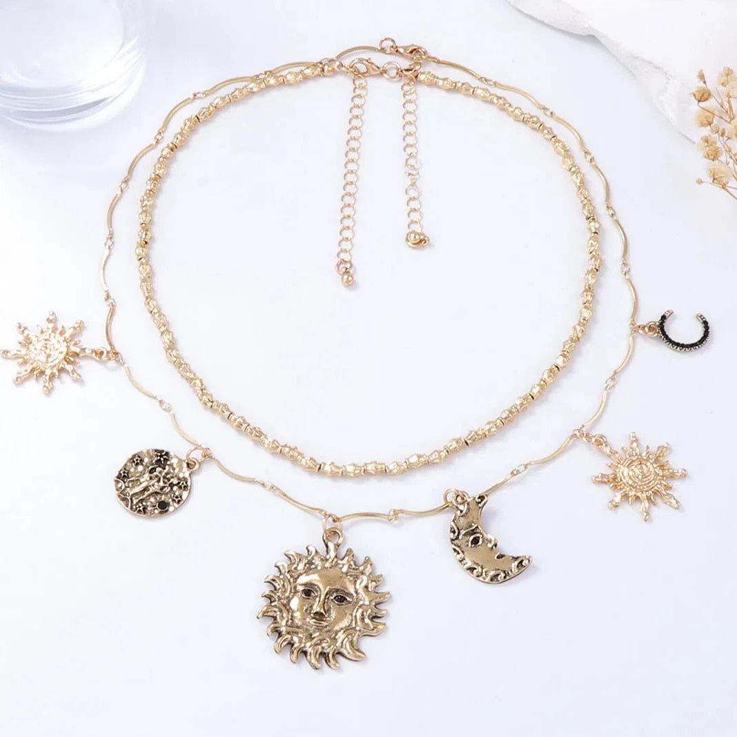 ZAA Personalized Retro Trendy Alloy Sun Moon Pendant Double Layer Necklace