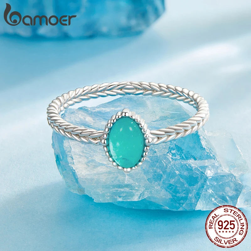 BAMOER 925 Sterling Silver Amazonite/Agate Solitaire Ring, White Gold Plated Finger Rings Dainty Chic Fashion Jewelry BSR624