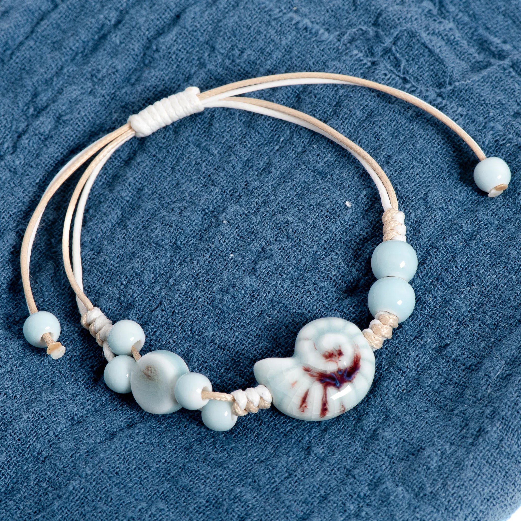 Handmade Blue Snail Shell Ceramic Bracelet Adjustable Handwoven Boho Jewelry for Women & Men - S02-005