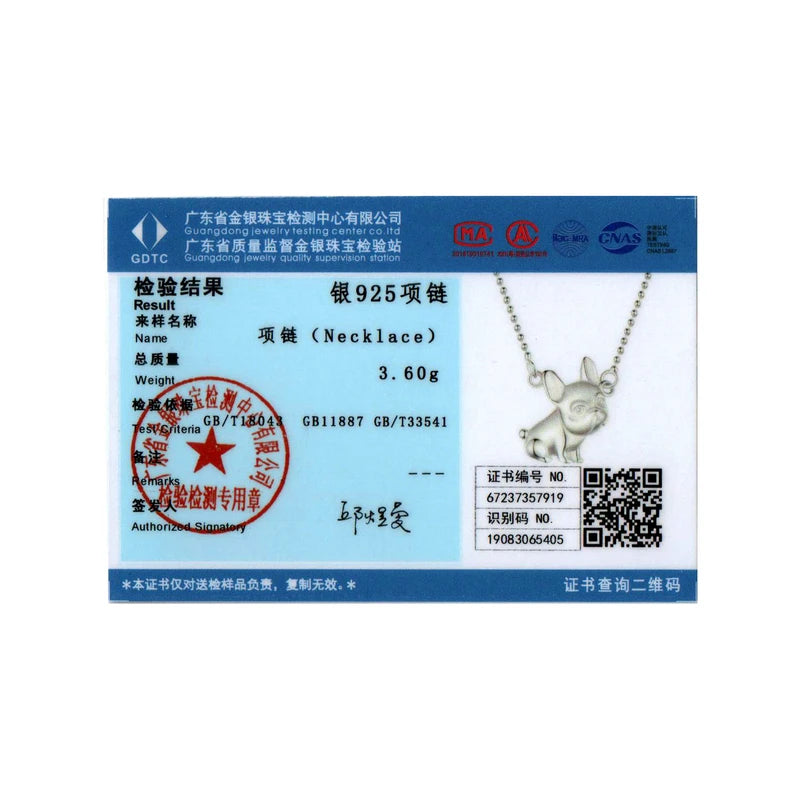 BISAER 925 Sterling Silver Cute French Bulldog Necklace Pet Dog Adjustable Chain Plated White Gold for Woman Party Fine Jewelry