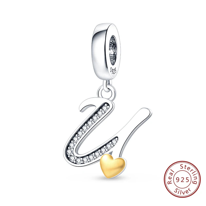 Classic 925 Sterling Silver 26 Gold Color Heart Zircon Letter A-Z Charms Beads Fit Original Bracelets DIY Birthday Jewelry Gift