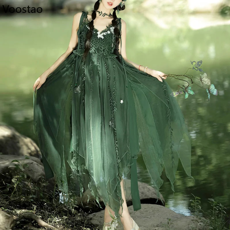 Sweet Lolita Jsk Dress Women Elegant Green Butterfly Embroidery Cane Vine Design Suspender Princess Dresses Cosplay Party Dress