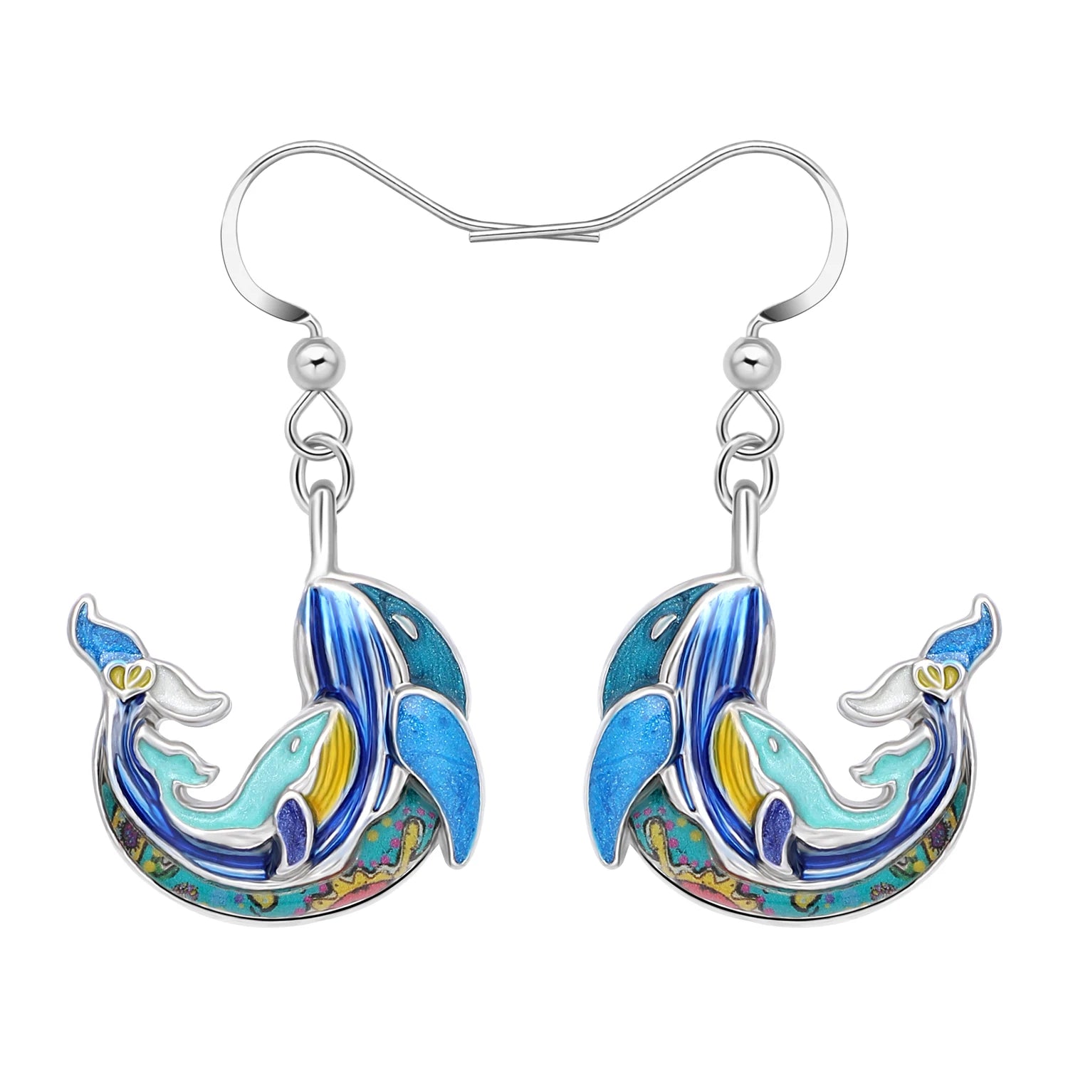 Enamel Floral Baby Whale Dangle Earrings For Women