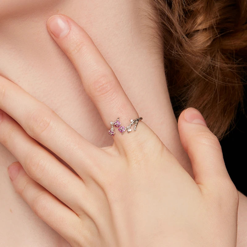 Bague ouverte BAMOER en argent sterling 925, motif fleur de prunier, bague ajustable, motif floral d'hiver, texture givrée, cadeau élégant pour femme