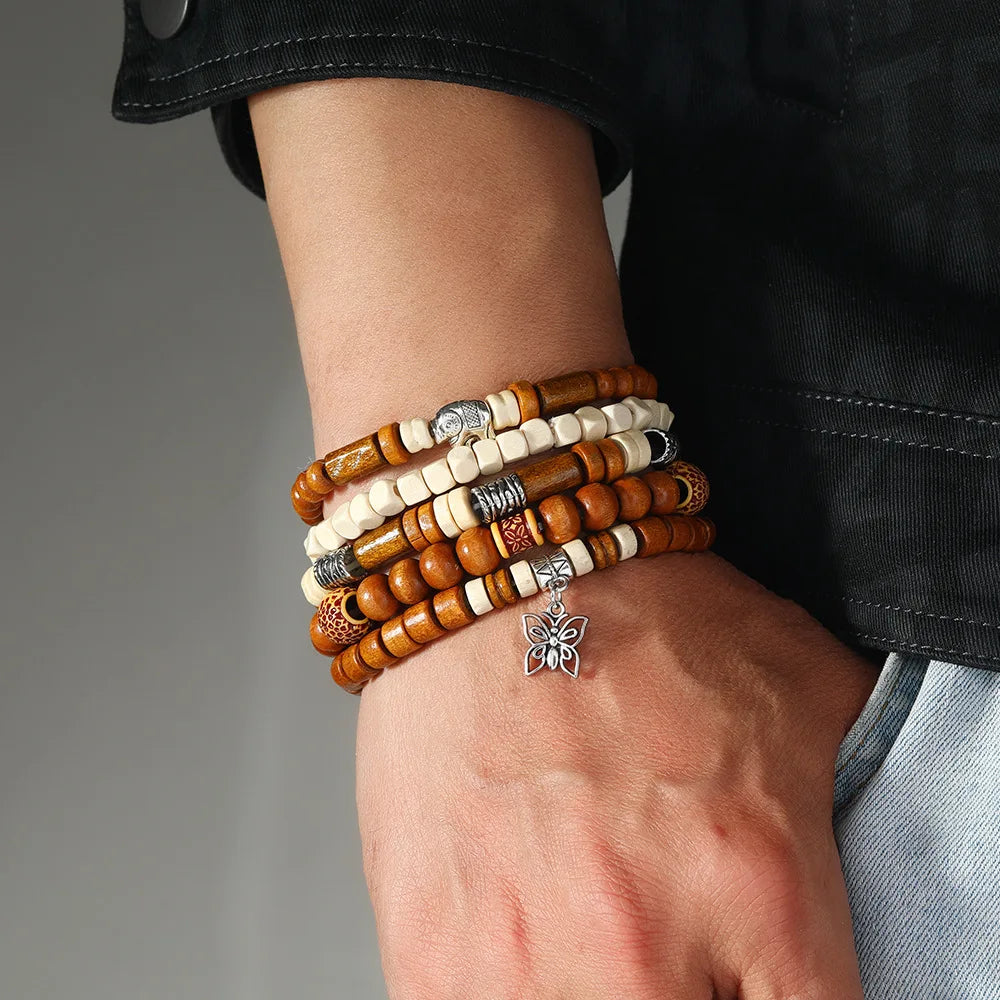 4Pcs/ Set Braided Wrap Leather Bracelets for Men Vintage Life Tree Rudder Charm Wood Beads Ethnic Tribal Wristband Rope Bracelet