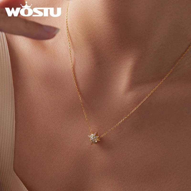 WOSTU 925 Sterling Silver Sparkling Star Pendant Necklace For Women, 18K Gold AAA Zircon Wedding Starburst Charm Necklace DIY
